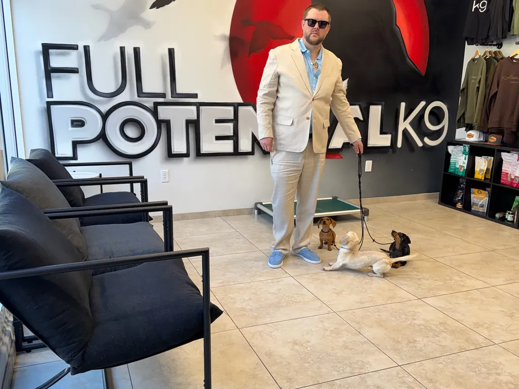 Dillon Mitchell with two small dogs on a place bed inside the Full Potential K9 facility in Boca Raton