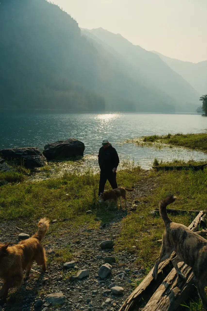 Dillon Mitchell walks along a mountain lakeshore with three dogs exploring nearby