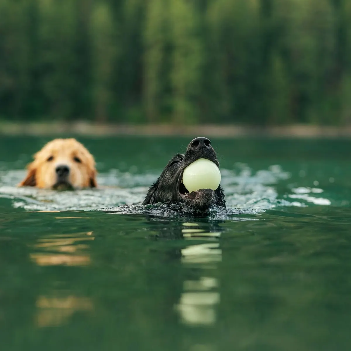 Golden retriever and black Labrador swimming together in a lake, one carrying a ball