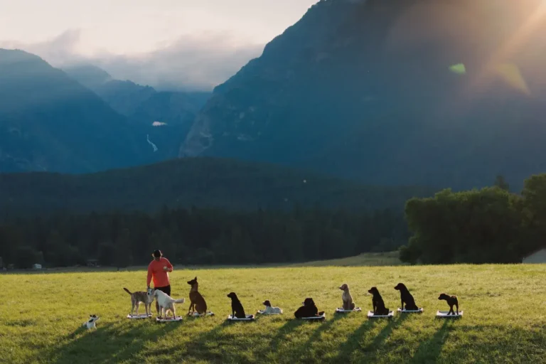 A row of trained dogs holding a down-stay in a grassy field while their trainer stands nearby