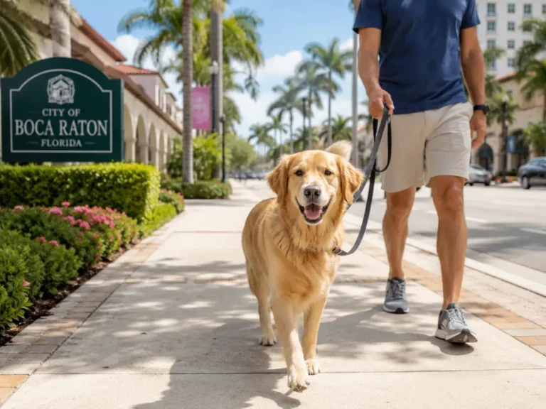Golden Retriever walking on a loose leash beside its owner past the City of Boca Raton sign